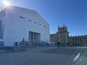 Blenheim Palace with covered scaffolding.